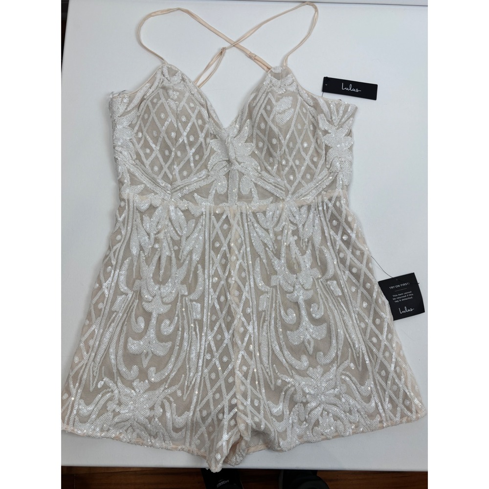 Lulus White Sequin Embroidered Romper Champagne Mesh V-Neck Sleeveless NWT